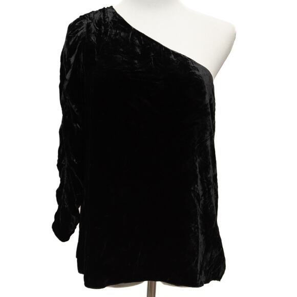 Joie Black Silk Blend Velvet One Shoulder Ruched Sleeve Asymmetrical Top Size 10 - Picture 1 of 11